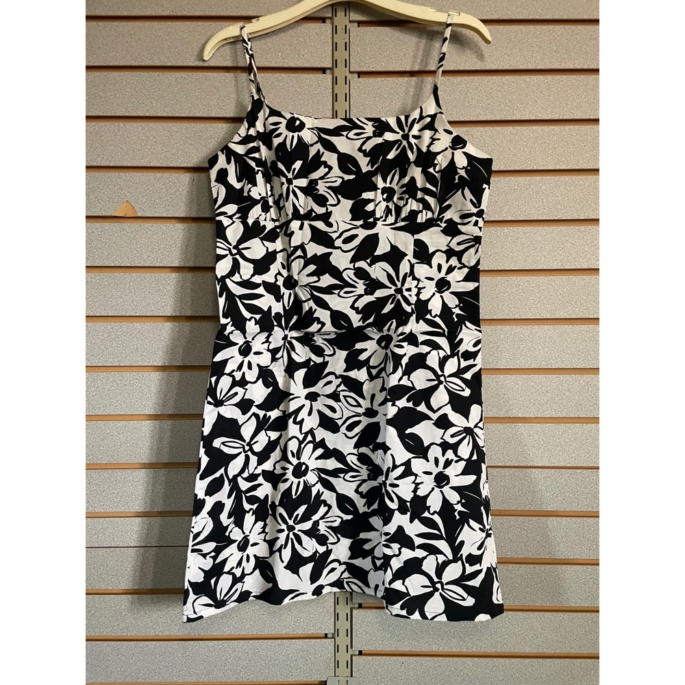 Black White Floral Print Spaghetti Strap Mini Dress with Cutout Detail Large